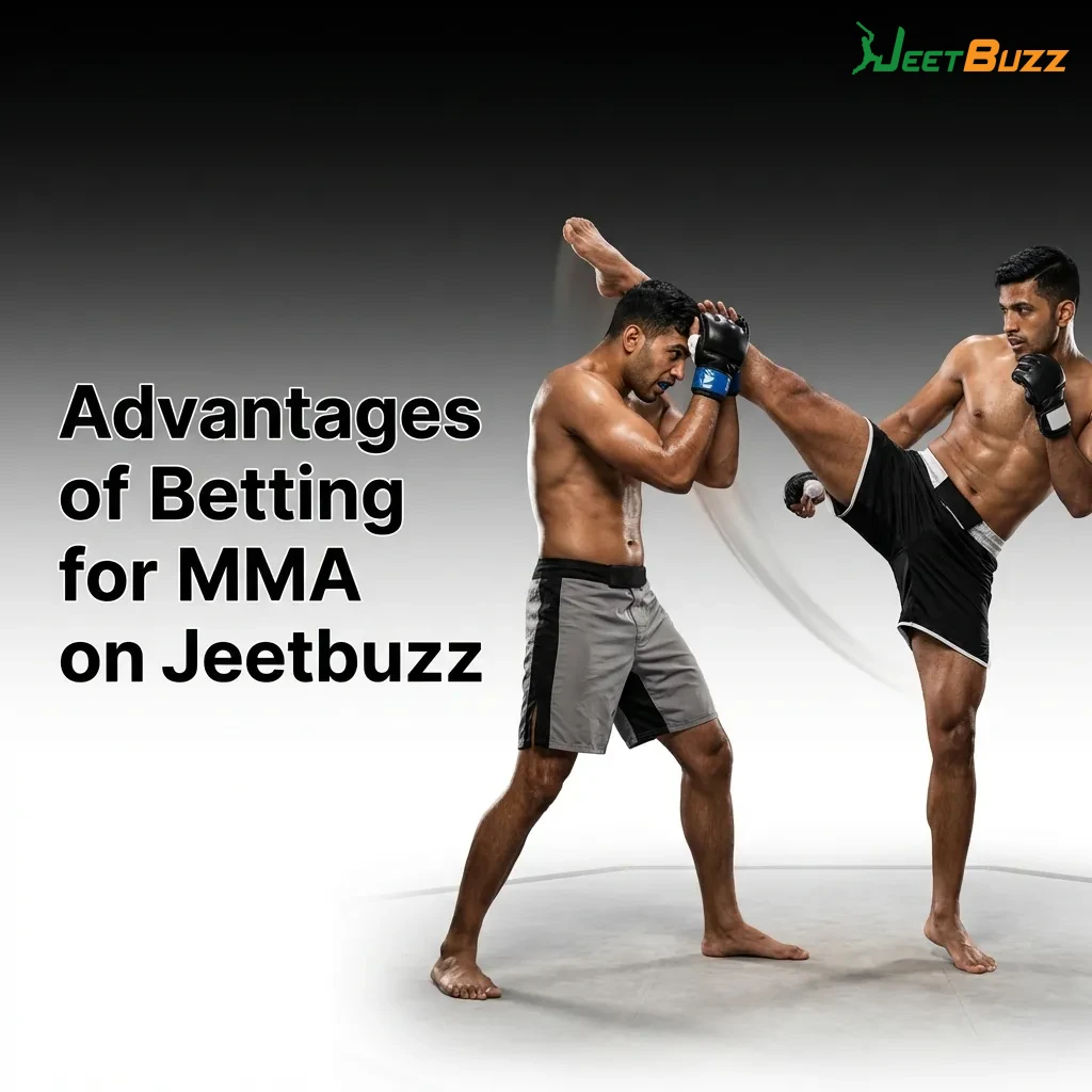 MMA fighter in octagon with Jeetbuzz betting interface showing live odds, payment methods, and mobile app features