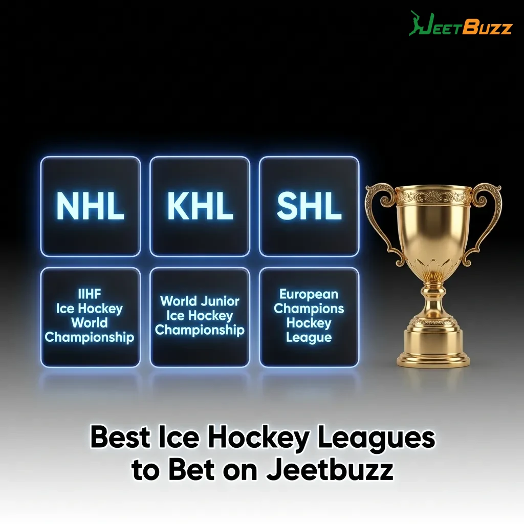 Ice hockey players competing on rink with Jeetbuzz logo, showcasing NHL, KHL, and international tournament betting options