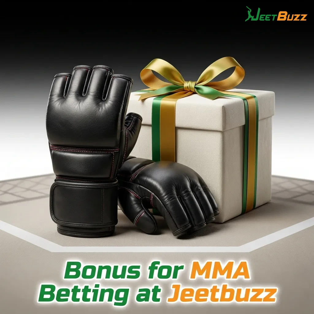 MMA fighter in octagon with Jeetbuzz 100% welcome bonus offer up to ₹10,000 for new users on sports betting