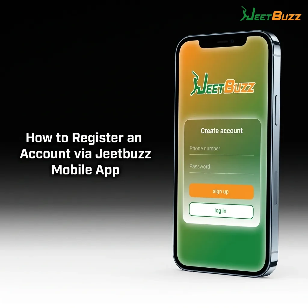 Jeetbuzz mobile app registration screen showing sign-up form with fields for mobile number, email, and password