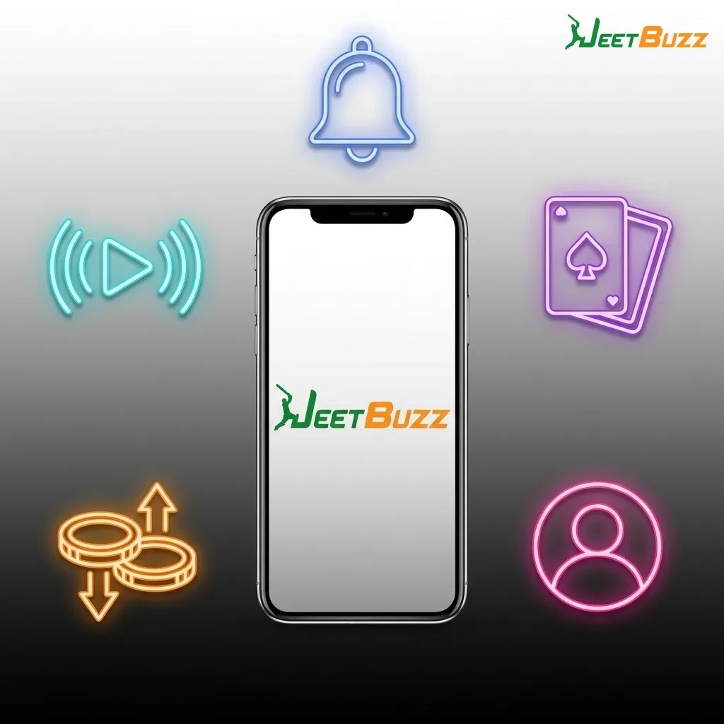 Jeetbuzz mobile app interface showing live betting, casino games, payment options, and notification features for sports wagering.