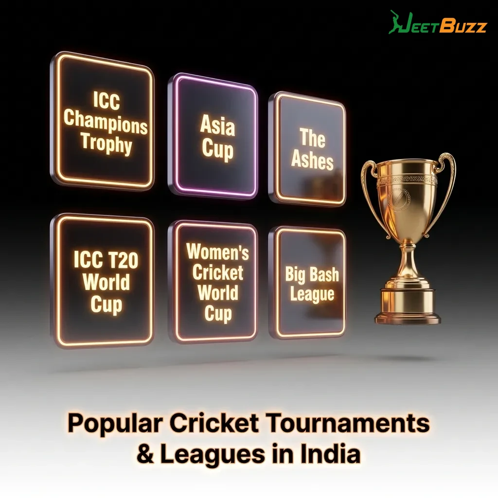 Cricket stadium with players competing in popular Indian tournaments including IPL, World Cup, and domestic leagues