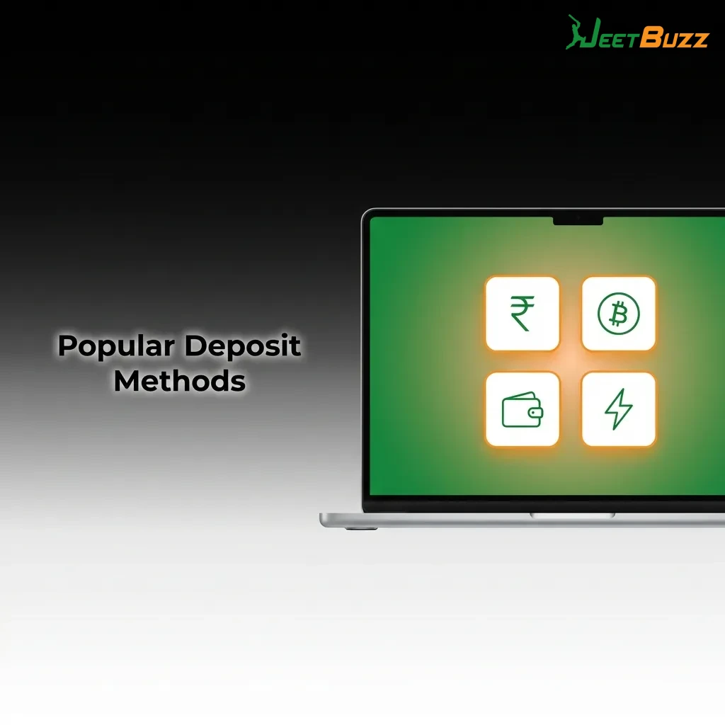 Illustration showing popular deposit methods including bKash, Nagad, bank transfer, USDT cryptocurrency, and UPI payment options.