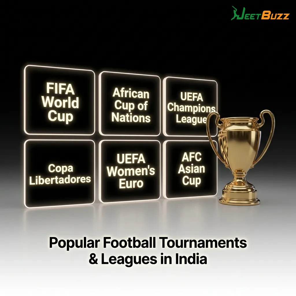 Indian football betting landscape showing major leagues: FIFA World Cup, Champions League, Premier League, and Indian Super League