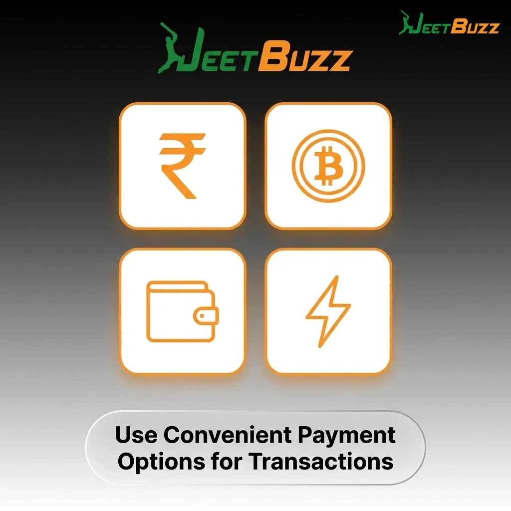 Multiple payment method icons including bank transfer, mobile wallets, UPI, and cryptocurrency options for Jeetbuzz